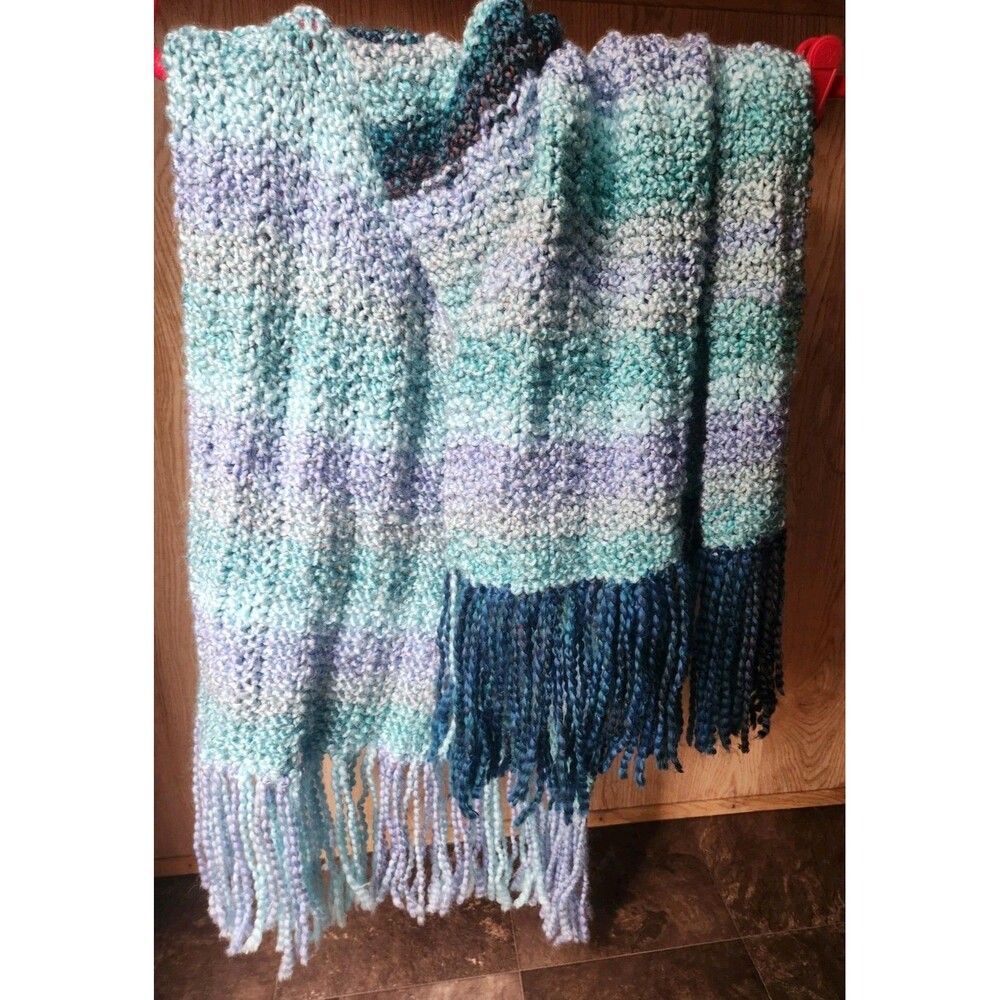 Soft Wide Handmade Scarf Crochet ~18x64 In. Multicolor Blue Stripes W/ Fringe - Picture 7 of 16